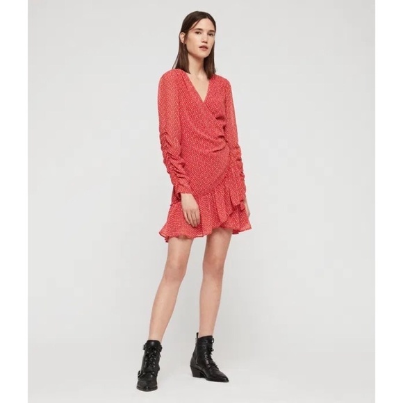 ALLSAINTS Flores Heart Print Wrap Dress Ruched Ruffle Red All Saints X-Small - Picture 5 of 16